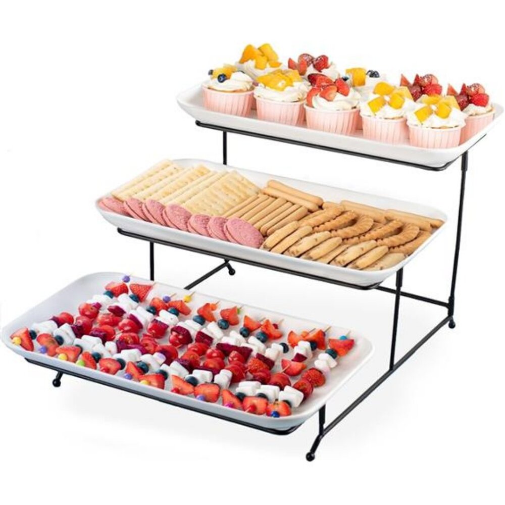 Large 3 Tier Serving Tray Set, 16 Inch Porcelain Tiered Serving Trays Platters